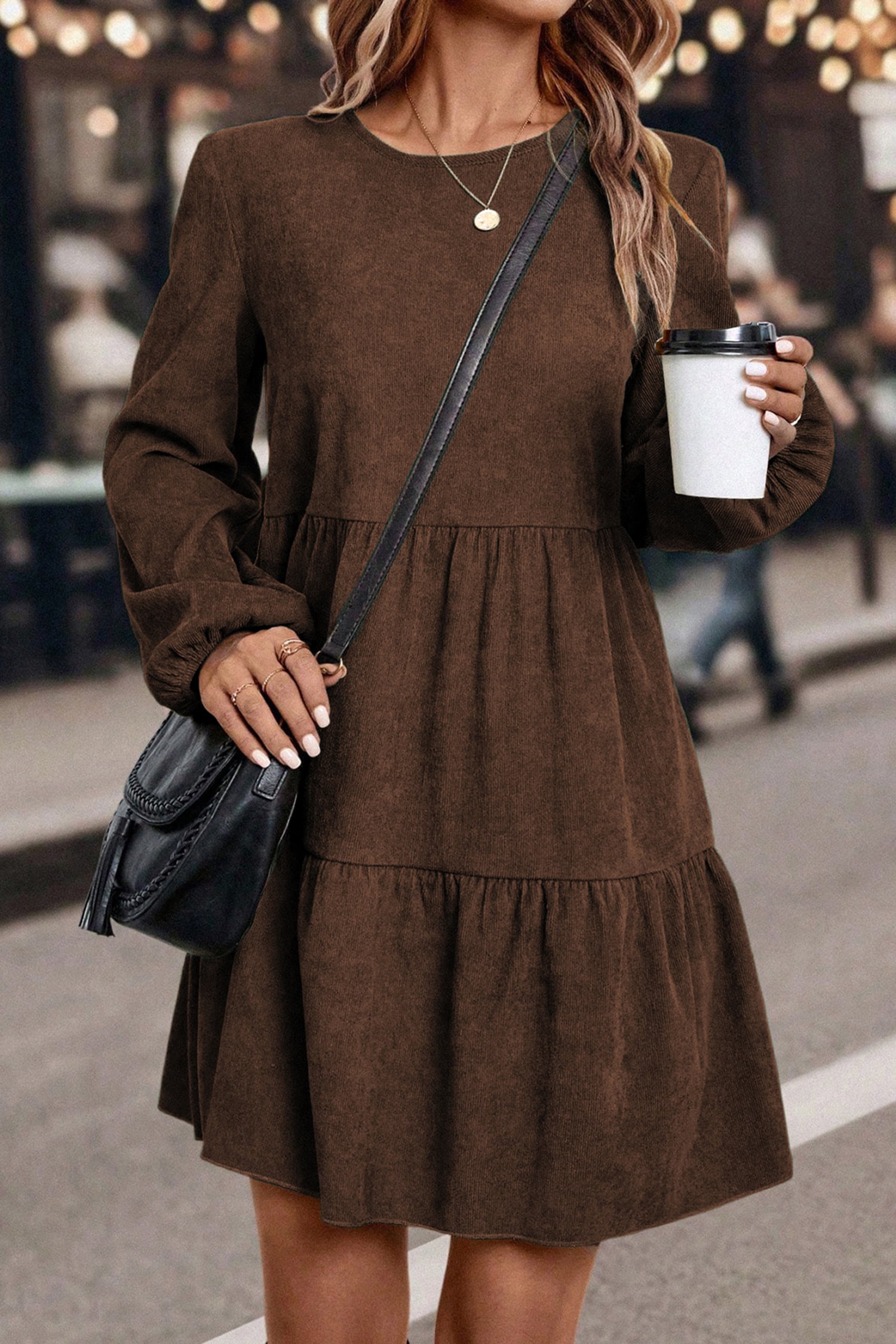 Dark Brown Lantern Sleeve Tiered Mini Dress