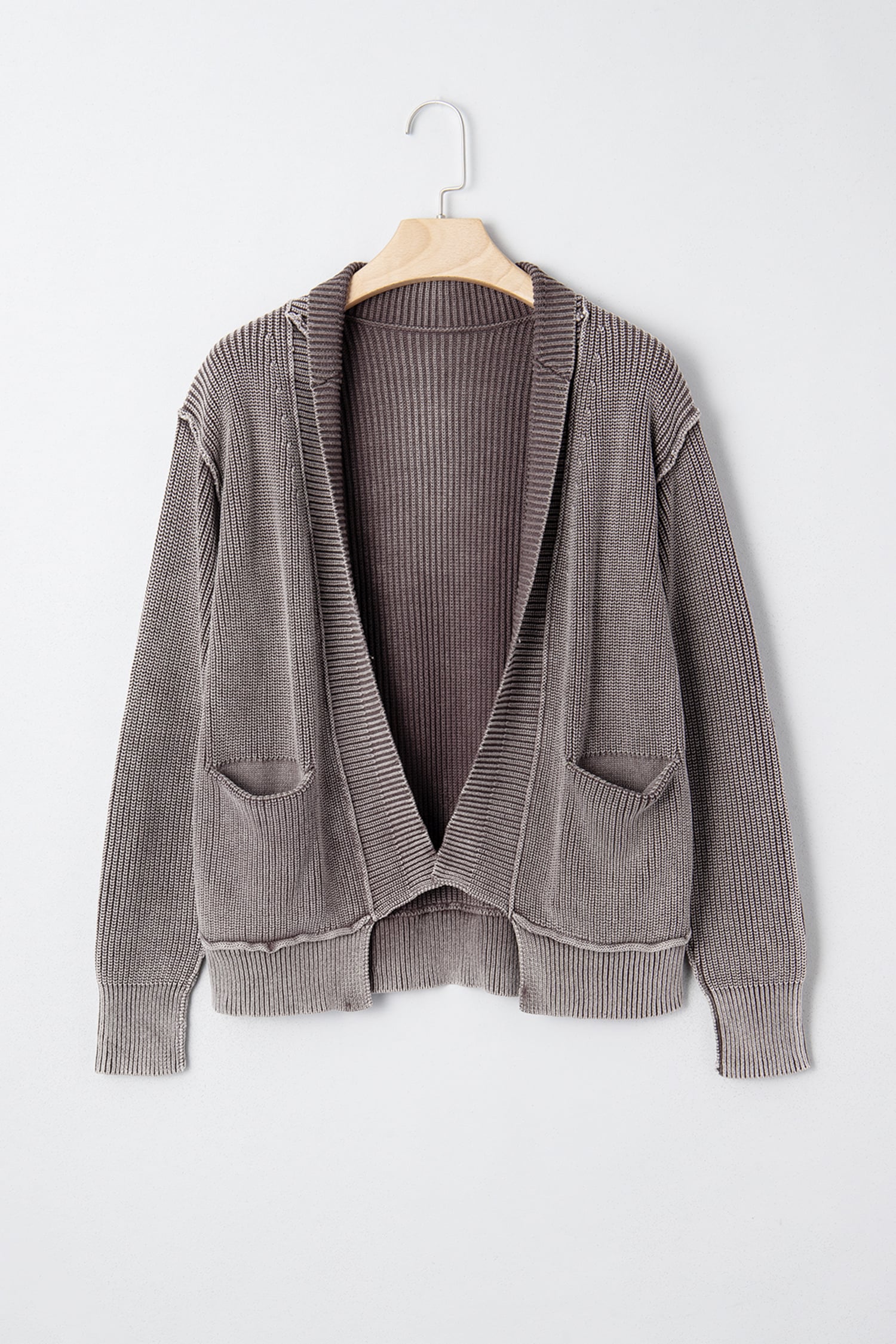Dark Brown Mineral Wash Exposed Seam Patchwork Knit Open Sweater Cardigan