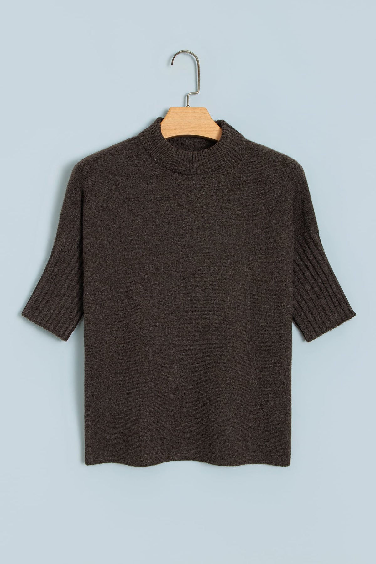 Dark Brown Ribbed Trim High Neck Short Sleeve Casual Sweater