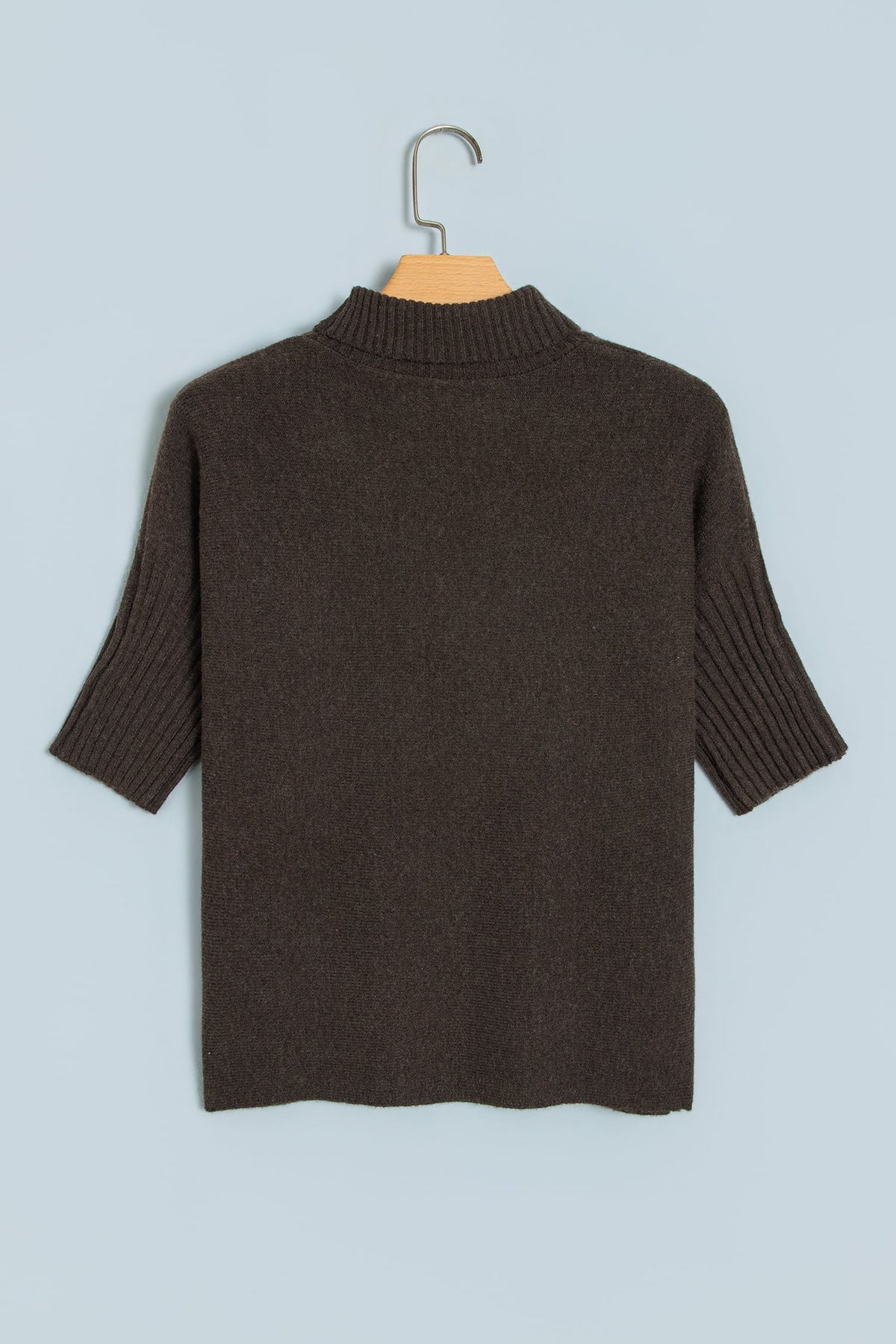 Dark Brown Ribbed Trim High Neck Short Sleeve Casual Sweater