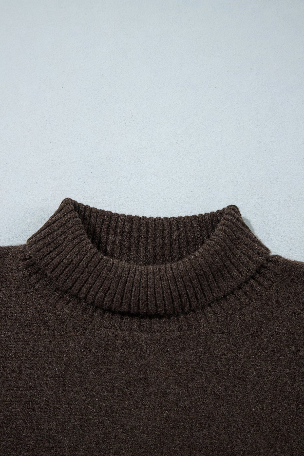 Dark Brown Ribbed Trim High Neck Short Sleeve Casual Sweater