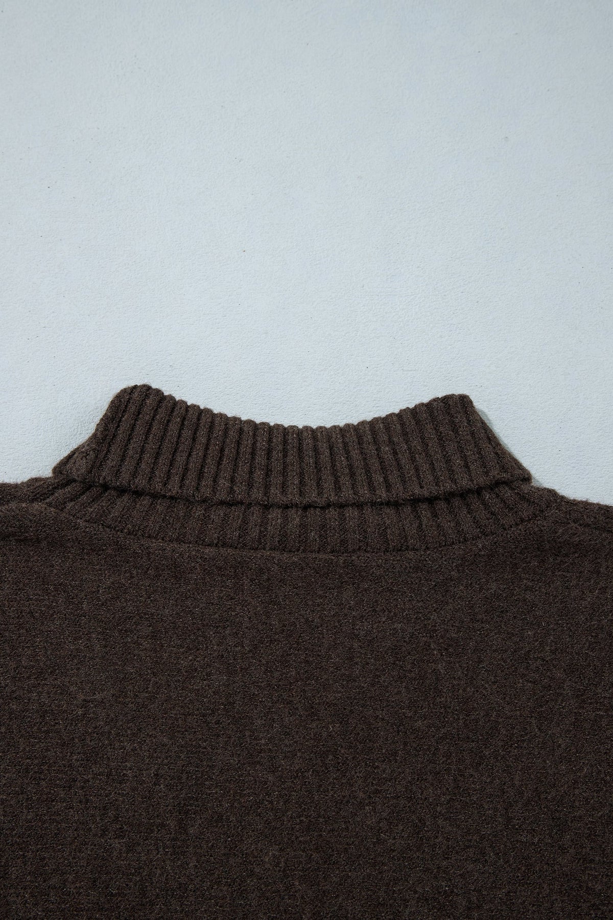 Dark Brown Ribbed Trim High Neck Short Sleeve Casual Sweater