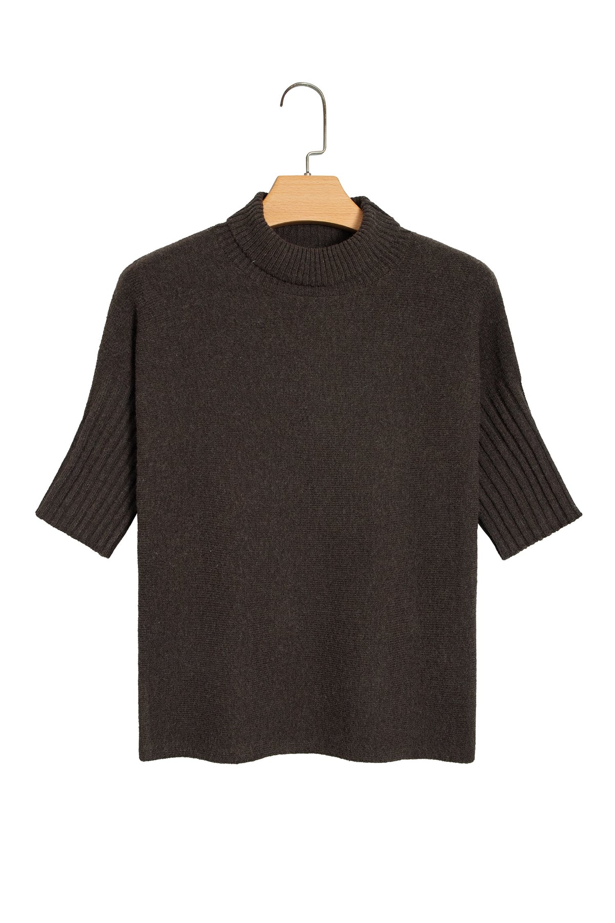 Dark Brown Ribbed Trim High Neck Short Sleeve Casual Sweater