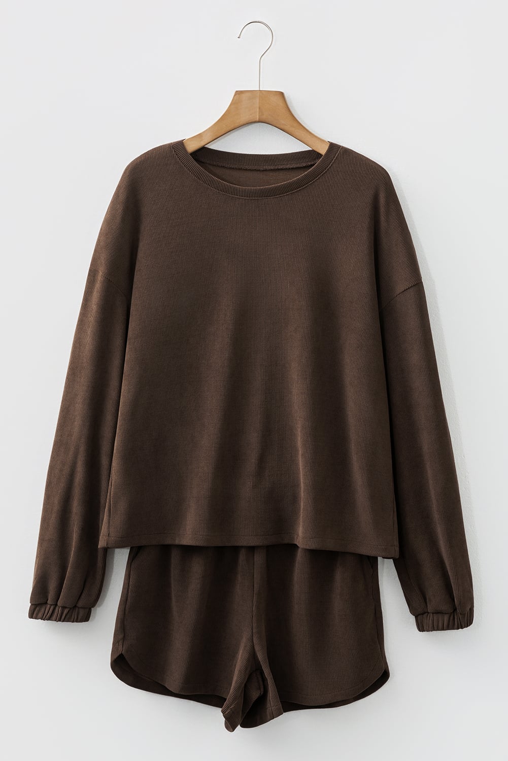 Dark Brown Solid Color Textured Knit Drop Shoulder Pullover Drawstring Shorts Set