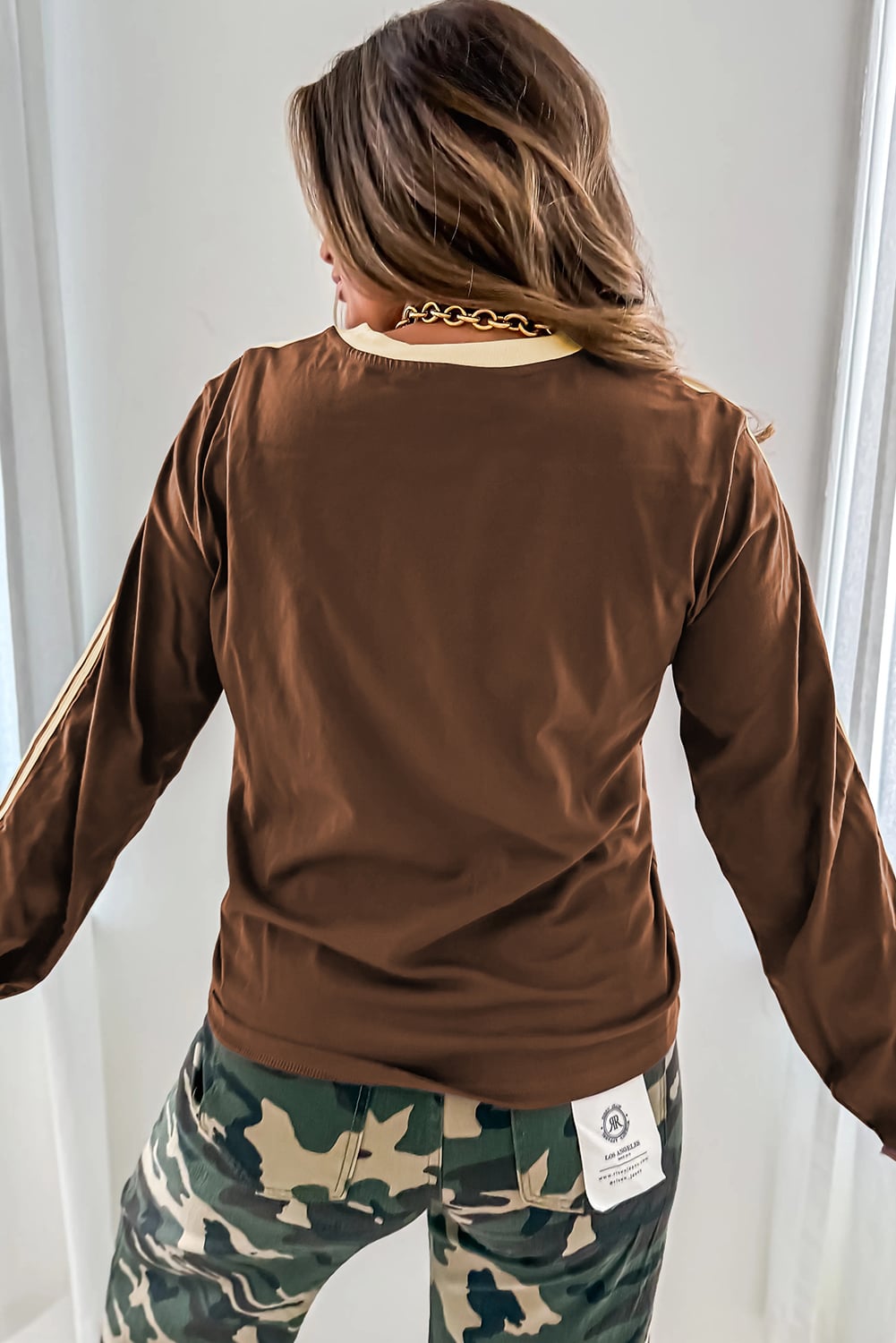 Dark Brown Varsity Striped Accent Contrast Crew Neck Long Sleeve T Shirt