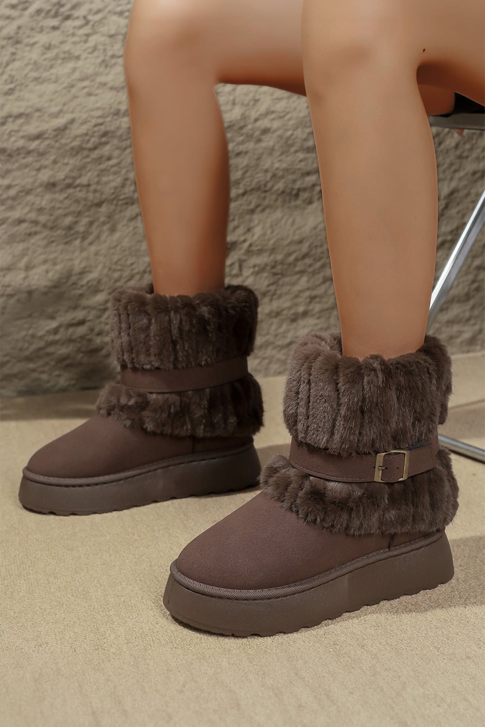 Dark Brown Versatile Fuzzy Cuff Faux Suede PU Leather Slip On Lug Sole Ankle Booties