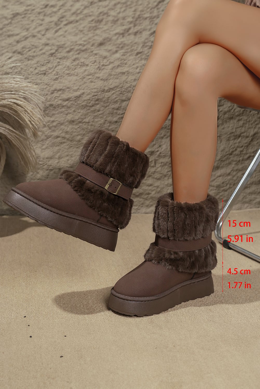 Dark Brown Versatile Fuzzy Cuff Faux Suede PU Leather Slip On Lug Sole Ankle Booties