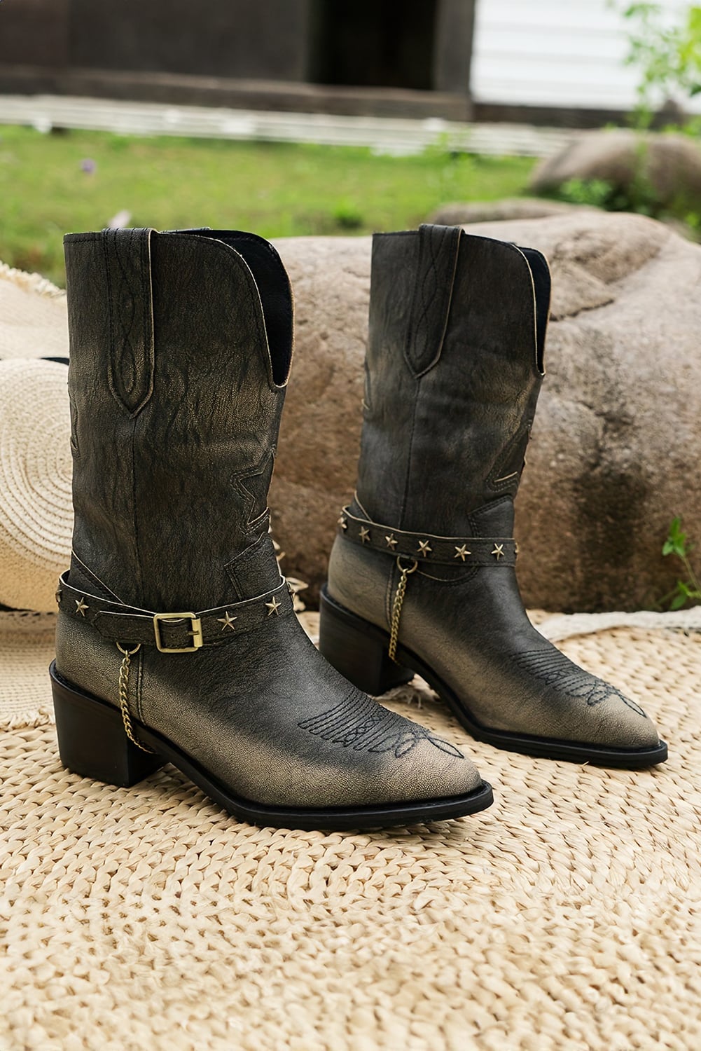 Dark Brown Western Distressed Pointed Toe Chunky Heel Boots