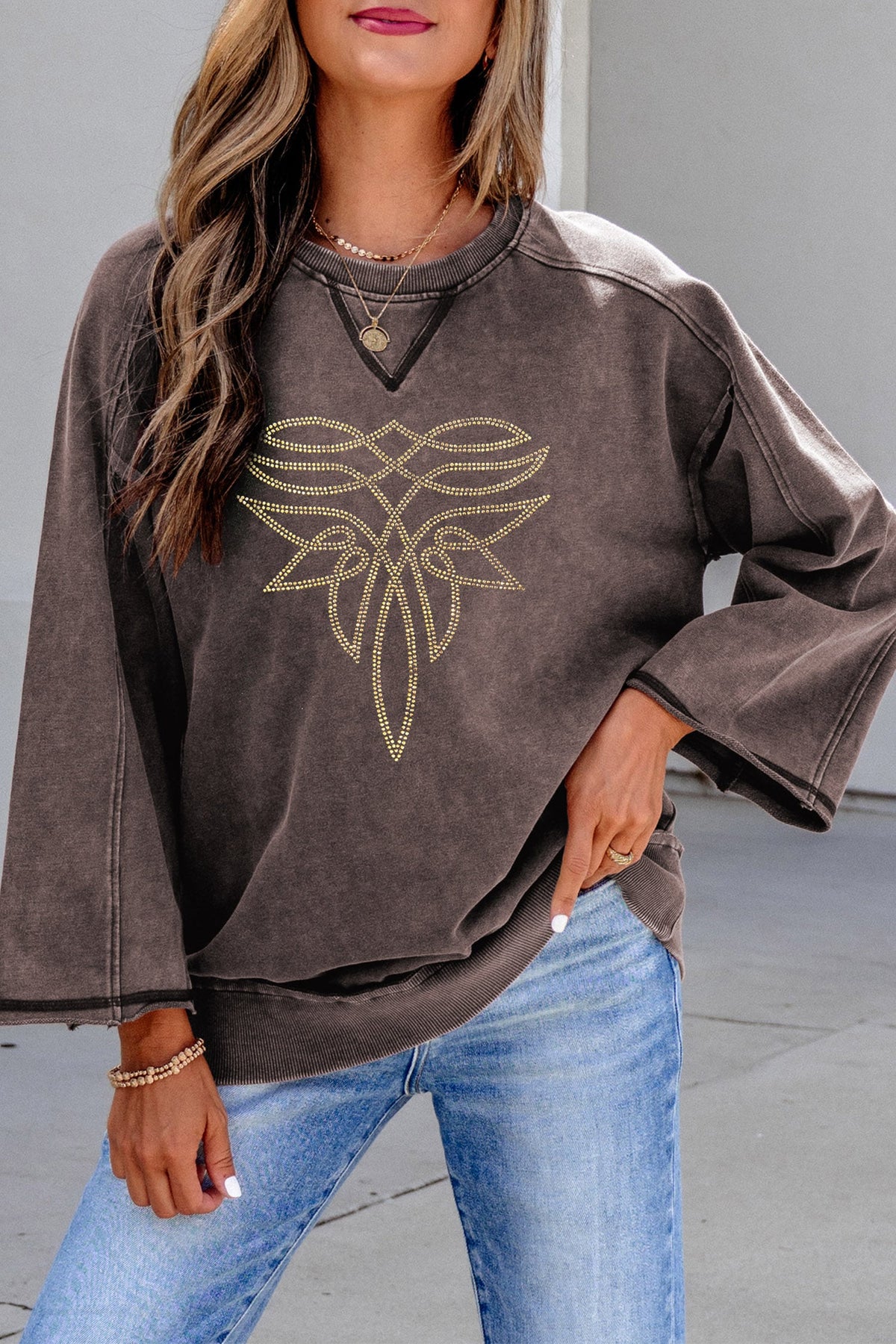 Dark Brown Western Rhinestone Round Neck Bracelet Sleeve Blouse