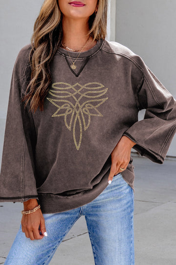 Dark Brown Western Rhinestone Round Neck Bracelet Sleeve Blouse