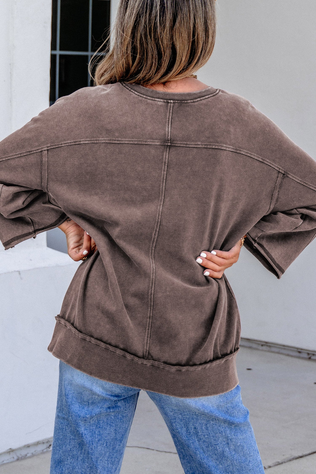 Dark Brown Western Rhinestone Round Neck Bracelet Sleeve Blouse