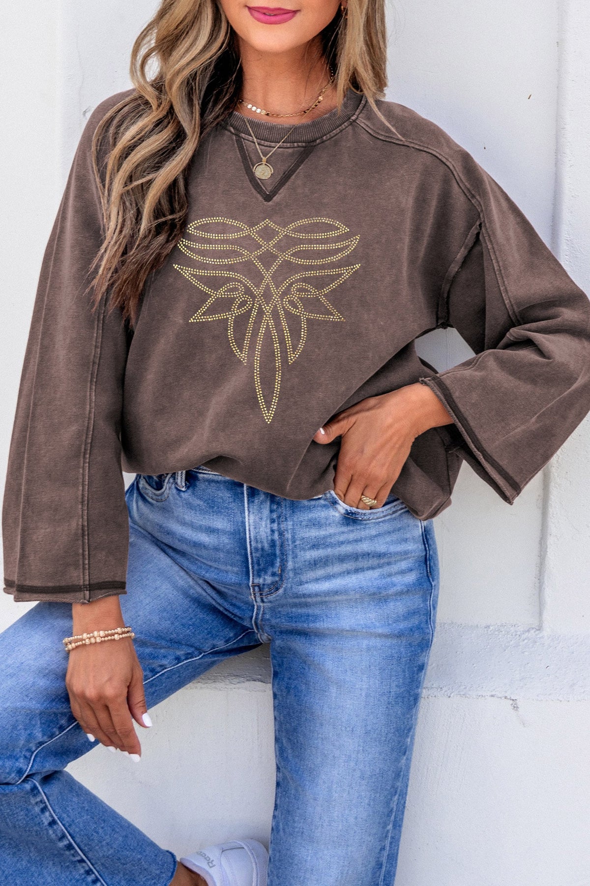 Dark Brown Western Rhinestone Round Neck Bracelet Sleeve Blouse