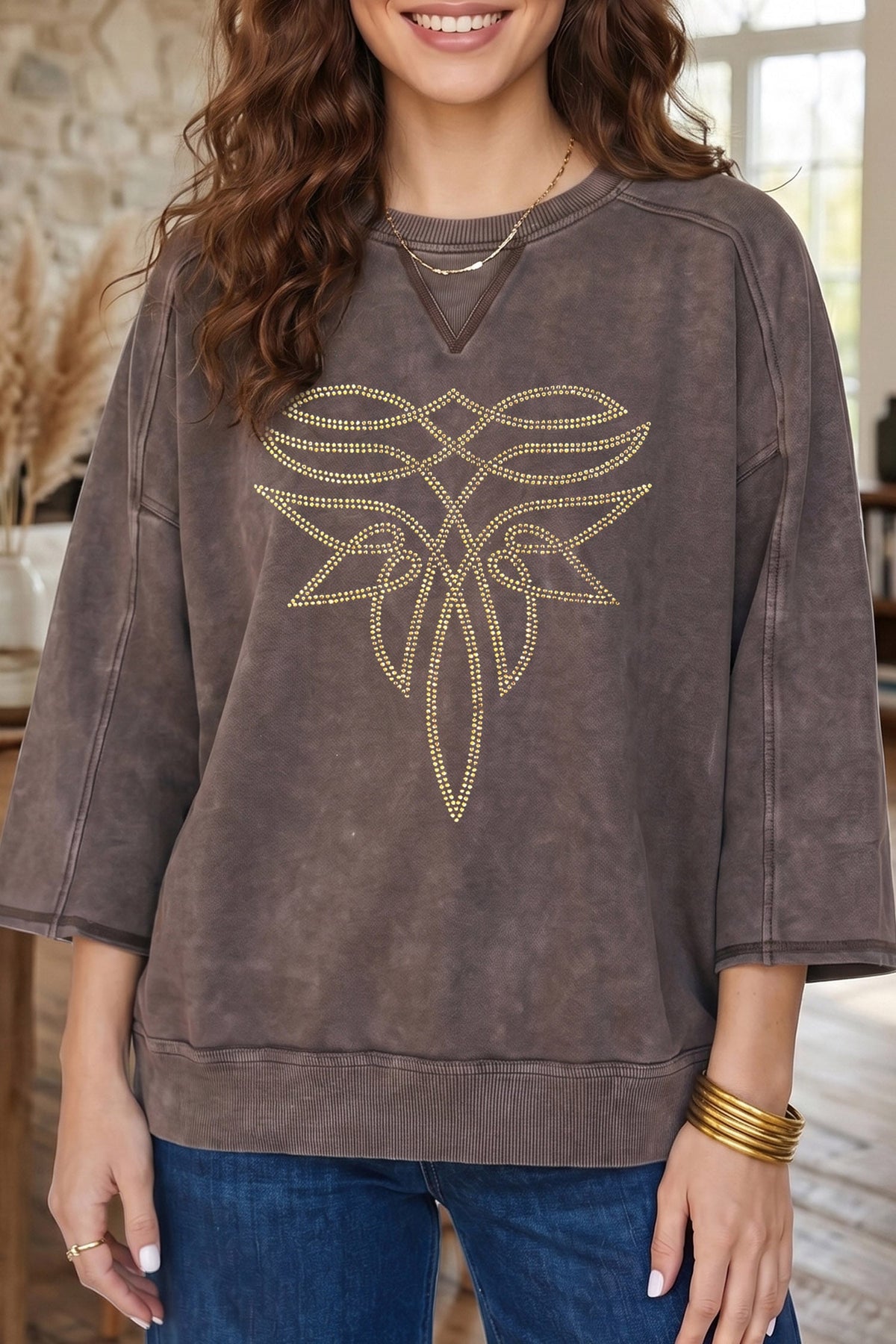 Dark Brown Western Rhinestone Round Neck Bracelet Sleeve Blouse
