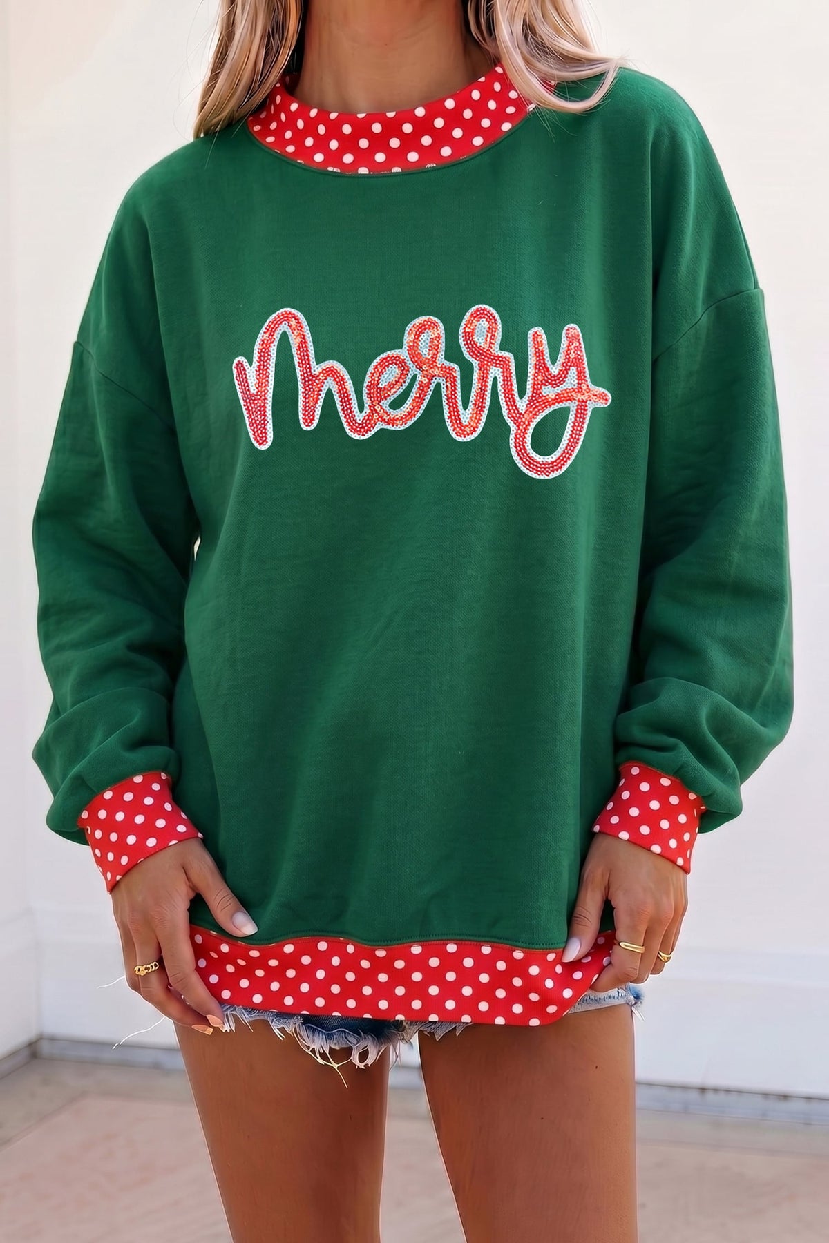 Dark Green Christmas Sequin Merry Slogan Tunic Holiday Sweatshirt