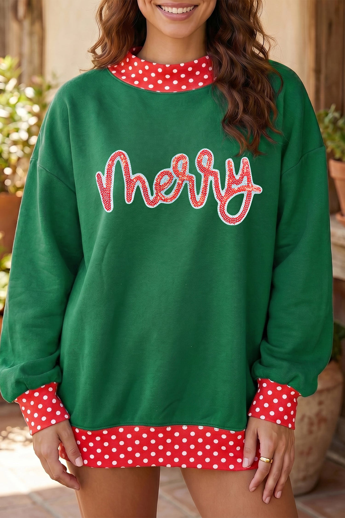 Dark Green Christmas Sequin Merry Slogan Tunic Holiday Sweatshirt