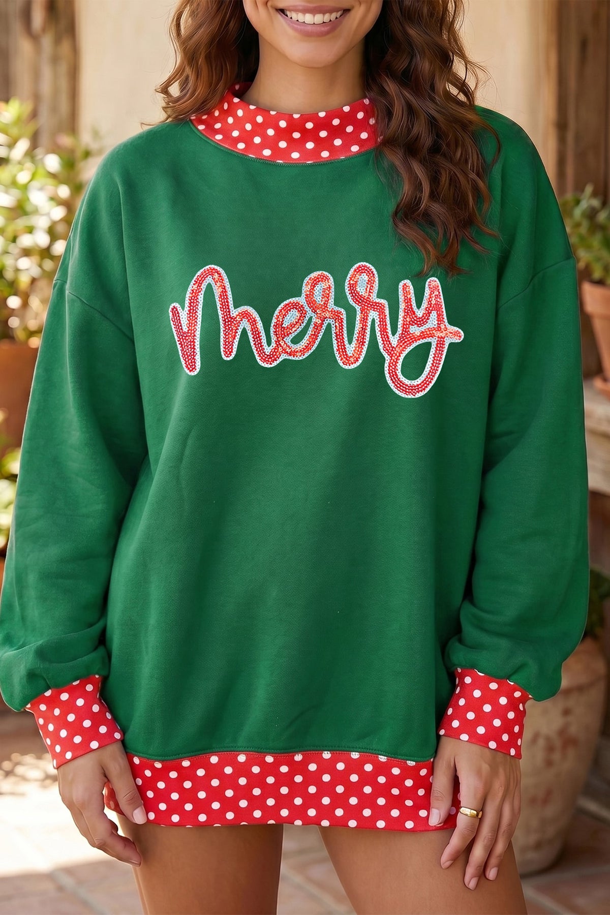 Dark Green Christmas Sequin Merry Slogan Tunic Holiday Sweatshirt