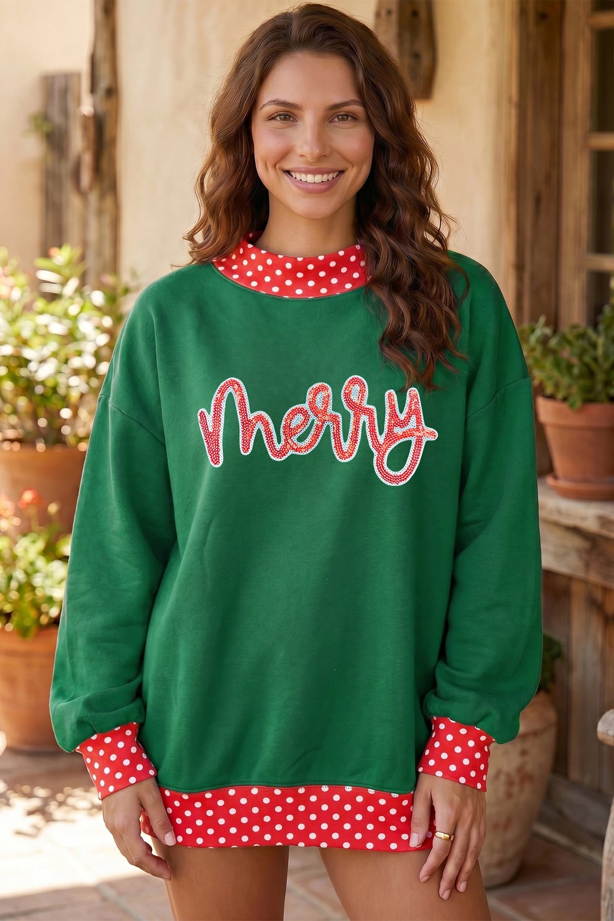Dark Green Christmas Sequin Merry Slogan Tunic Holiday Sweatshirt