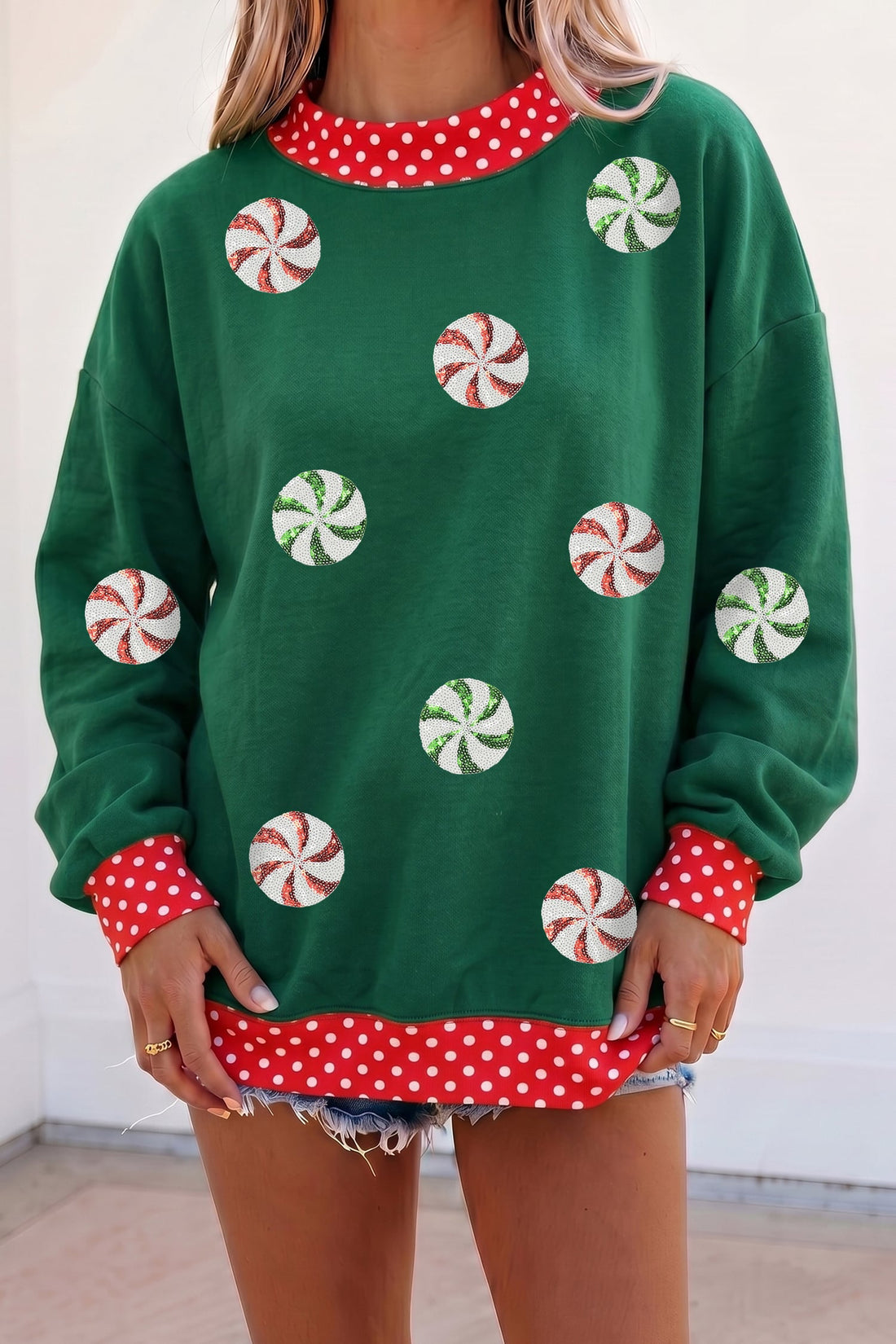 Dark Green Christmas Sequin Peppermint Customized Sweatshirt