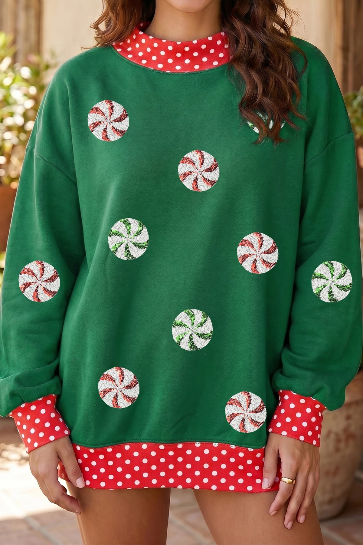 Dark Green Christmas Sequin Peppermint Customized Sweatshirt