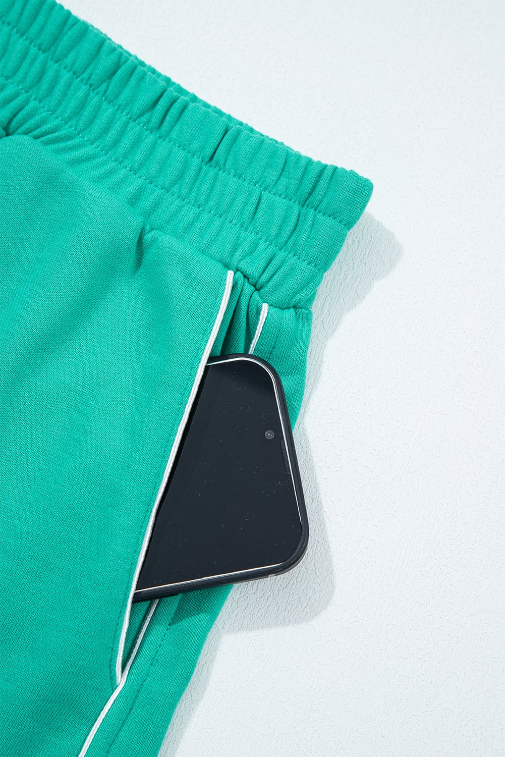 Dark Green Colorblock Trim V Neck Pullover Top and Shorts Set