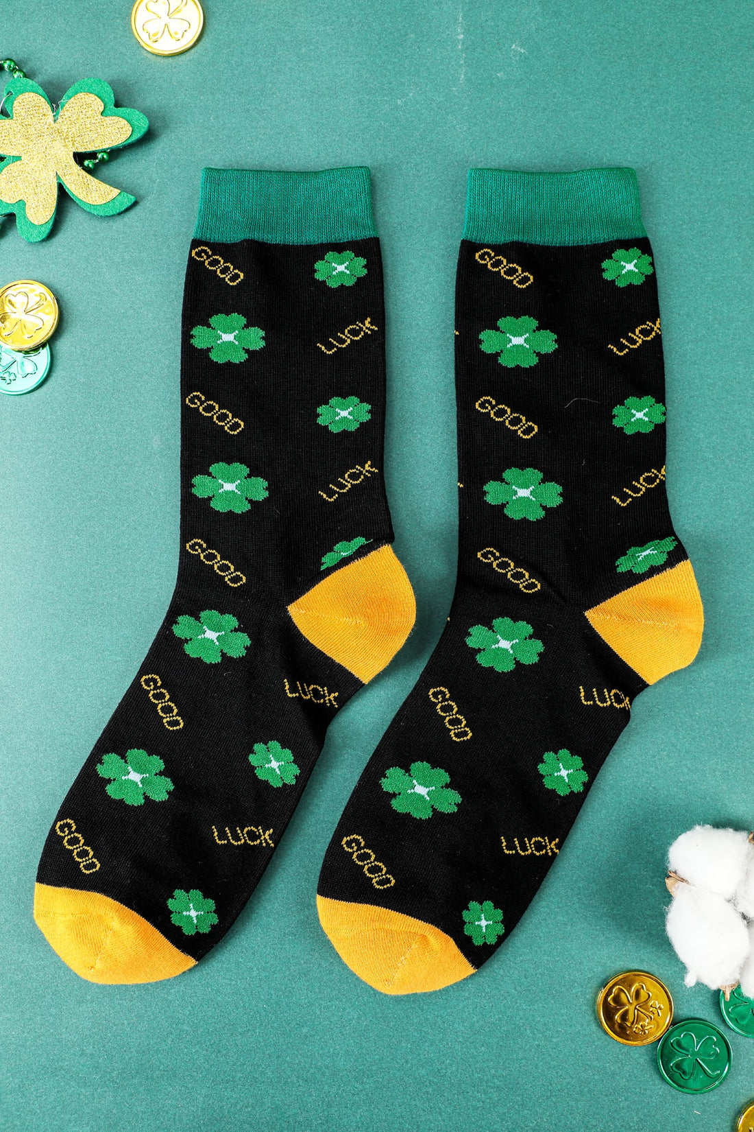 Dark Green GOOD LUCK St Patrick Clover Color Block Socks 
