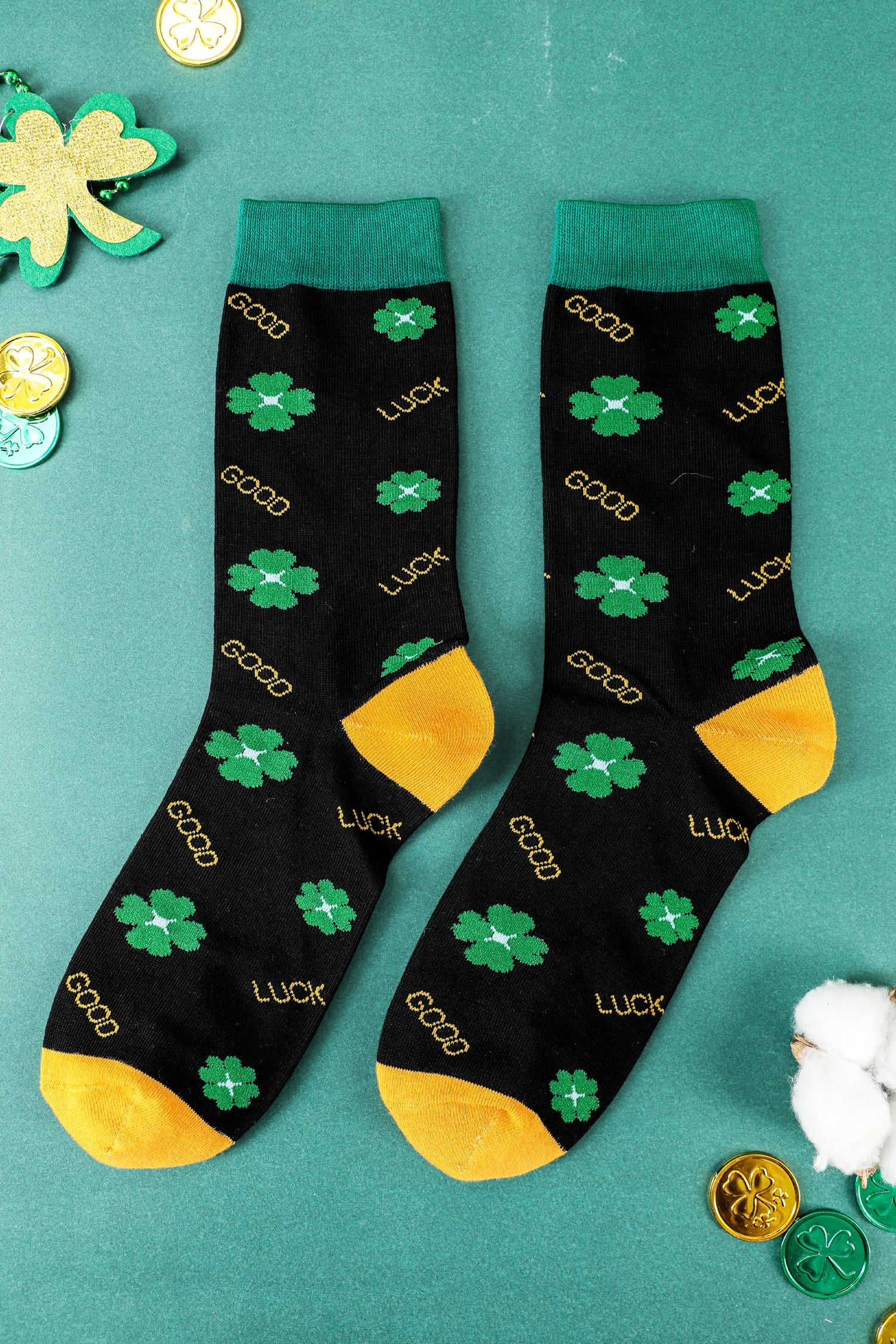 Dark Green GOOD LUCK St Patrick Clover Color Block Socks 