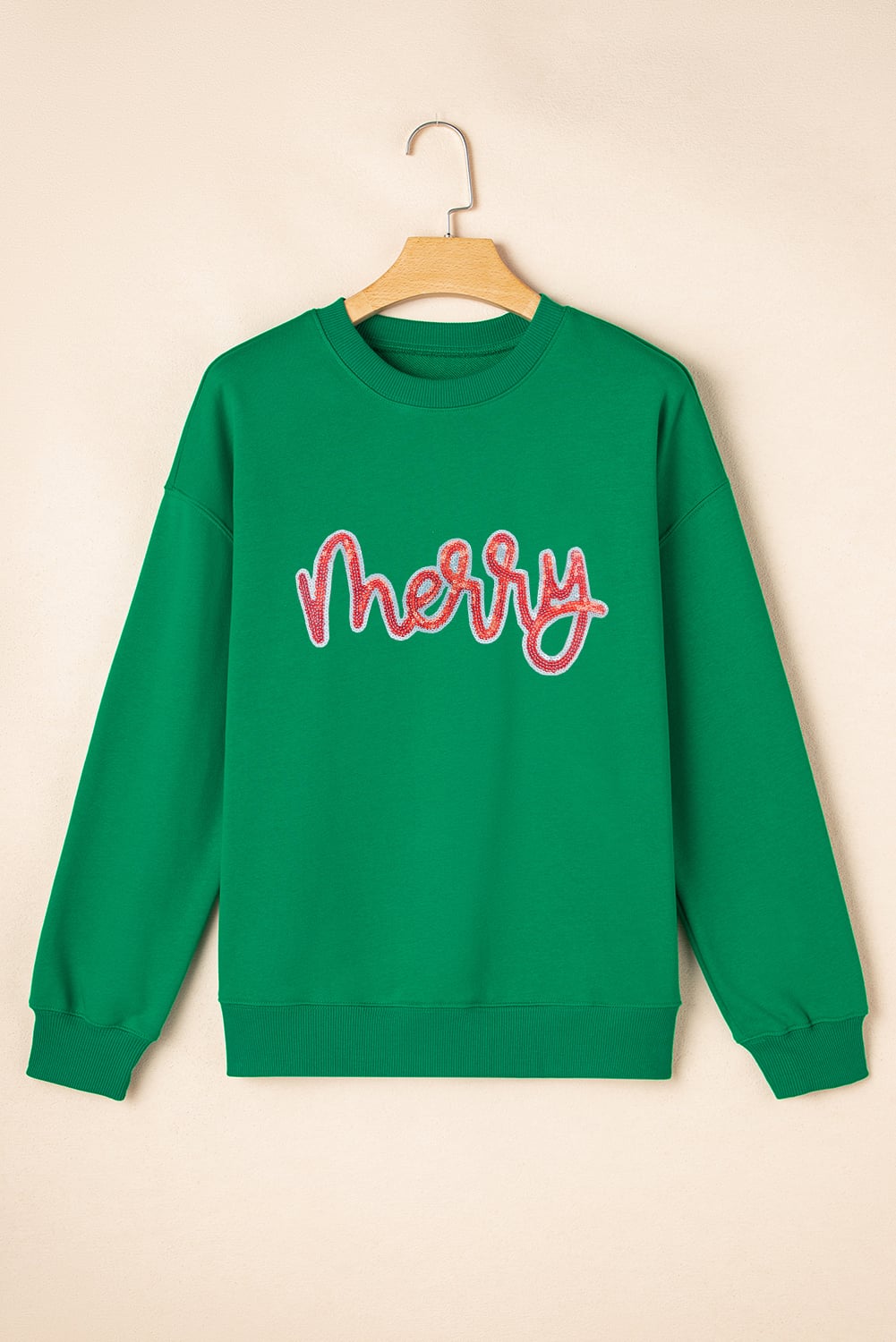 Dark Green merry Sequin Letter Patched Drop Shoulder Baggy Sweatshirt