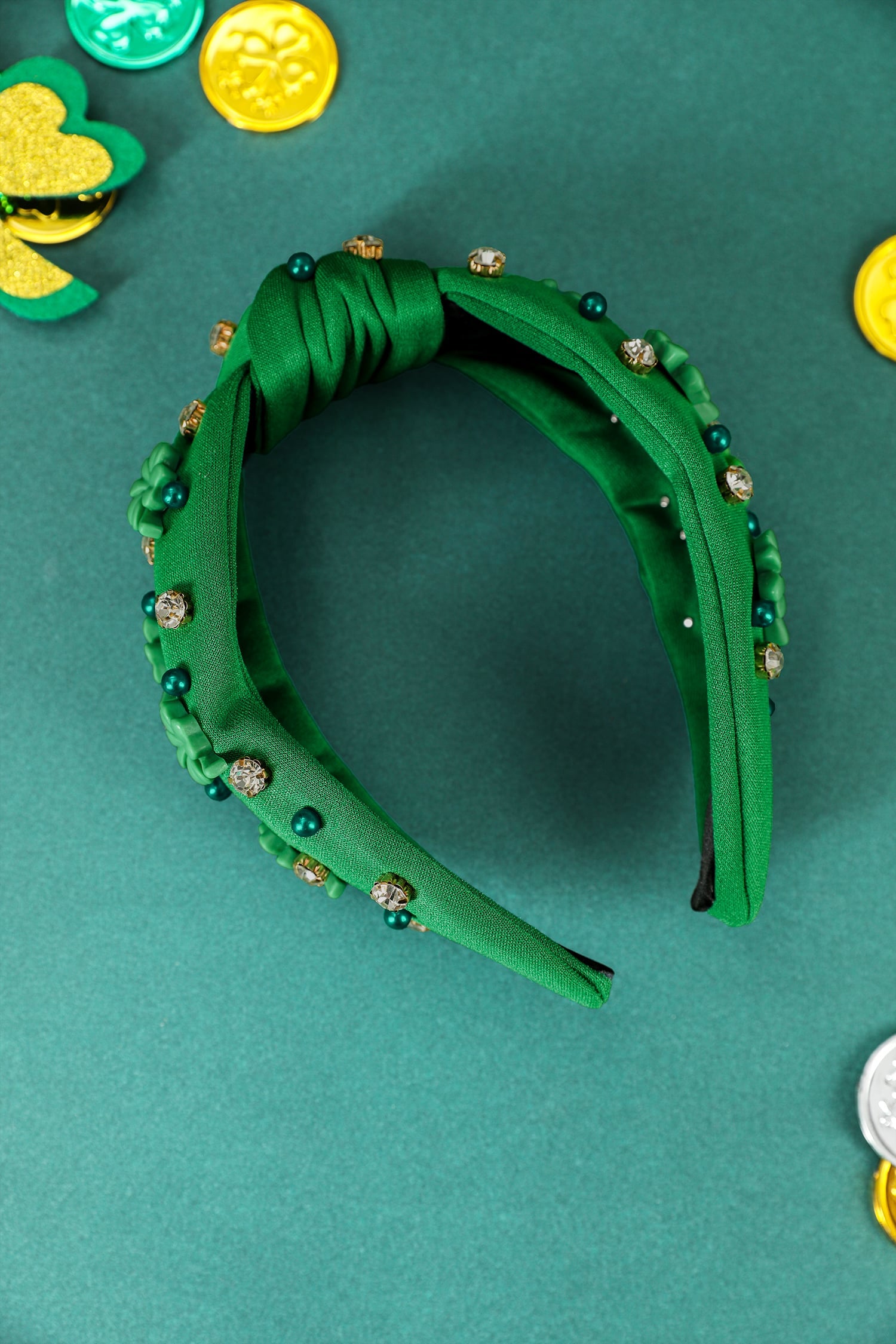 Dark Green Pearl Bead Rhinestone Embellished Lucky Clover Knotted Headband