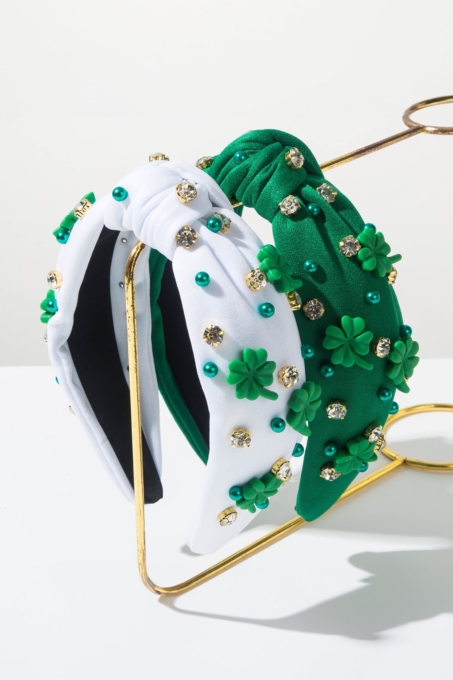 Dark Green Pearl Bead Rhinestone Embellished Lucky Clover Knotted Headband