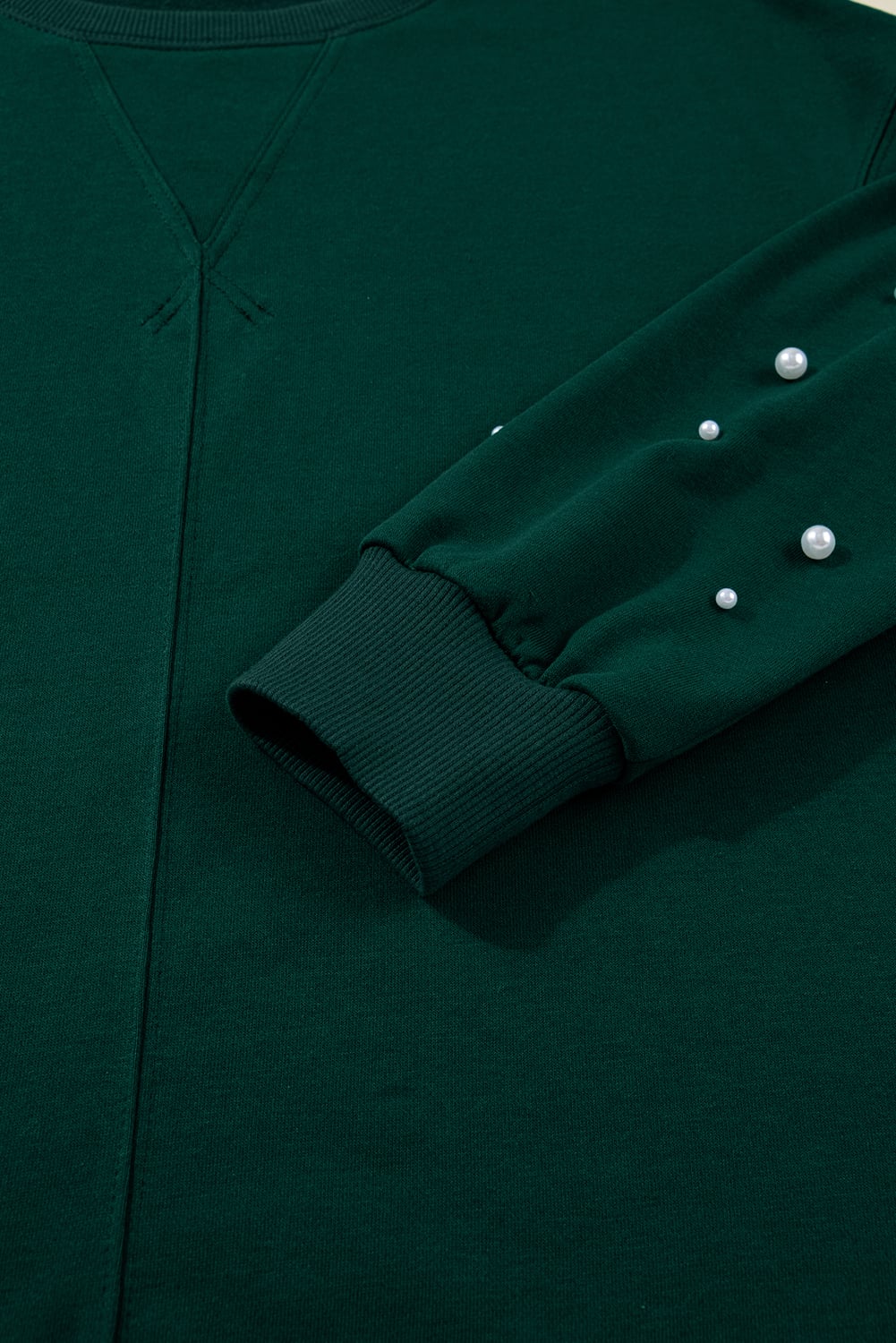 Dark Green Pearl Embellished Drop Shoulder Pullover Elastic Waist Mini Skirt Set