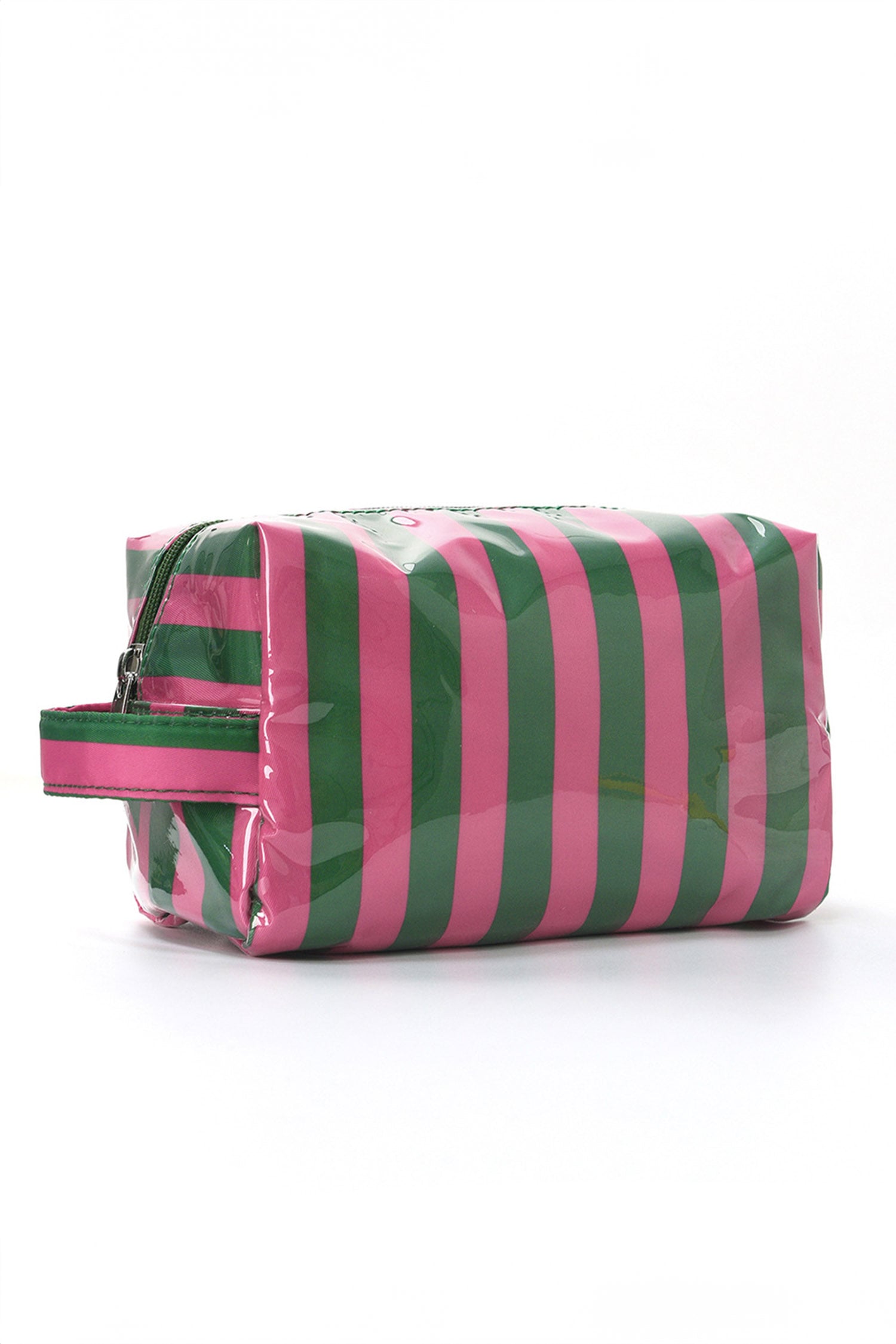 Dark Green PVC Striped Cosmetic Bag Durable Zipper Handle Travel Organizer