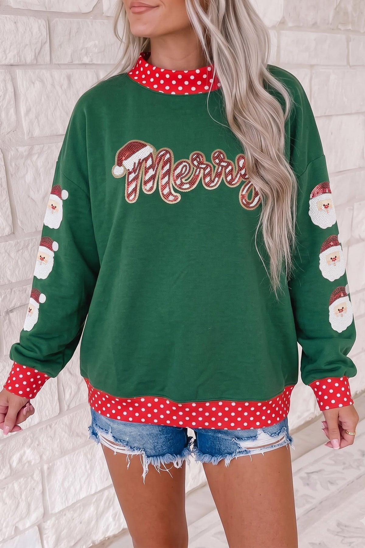 Dark Green Sequin Santa Merry Graphic Polka Dot Trim Mock Neck Sweatshirt