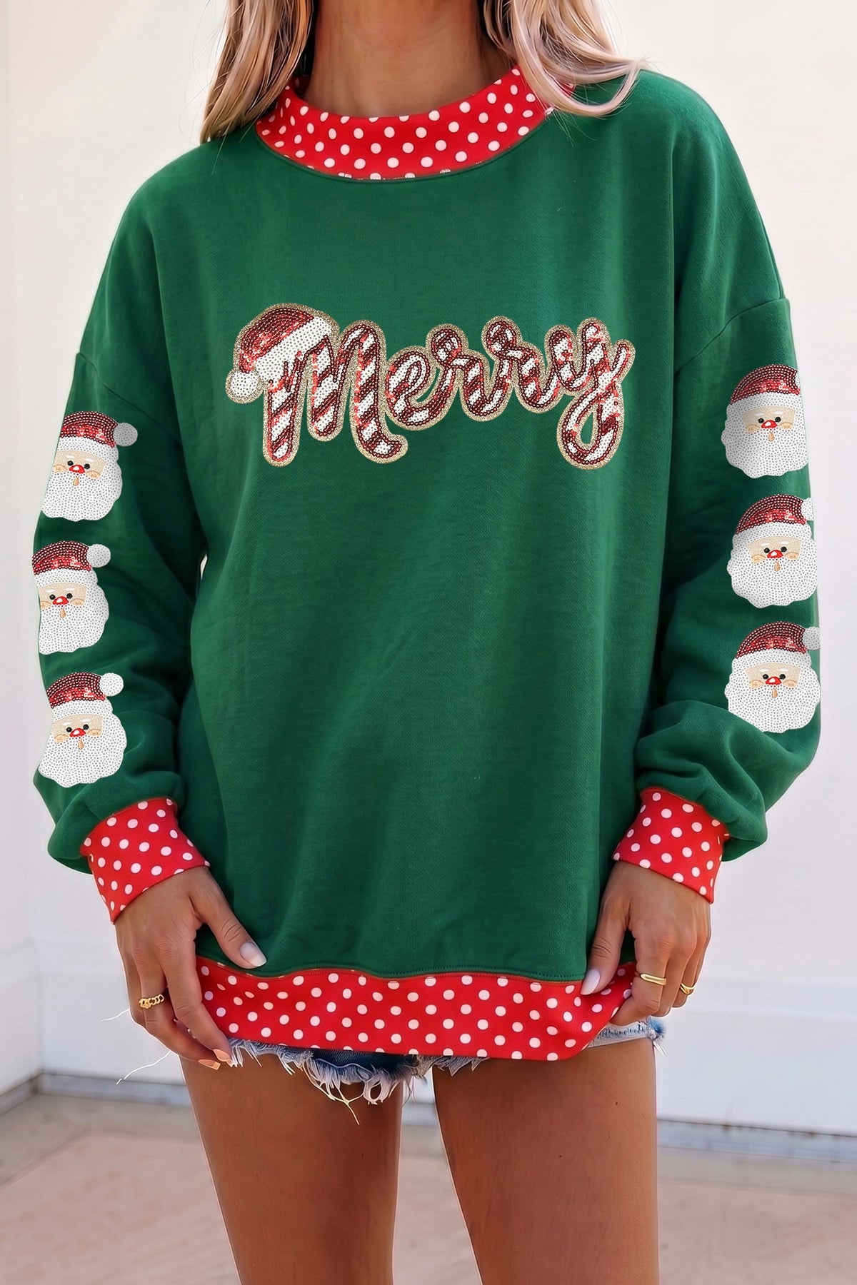 Dark Green Sequin Santa Merry Graphic Polka Dot Trim Mock Neck Sweatshirt