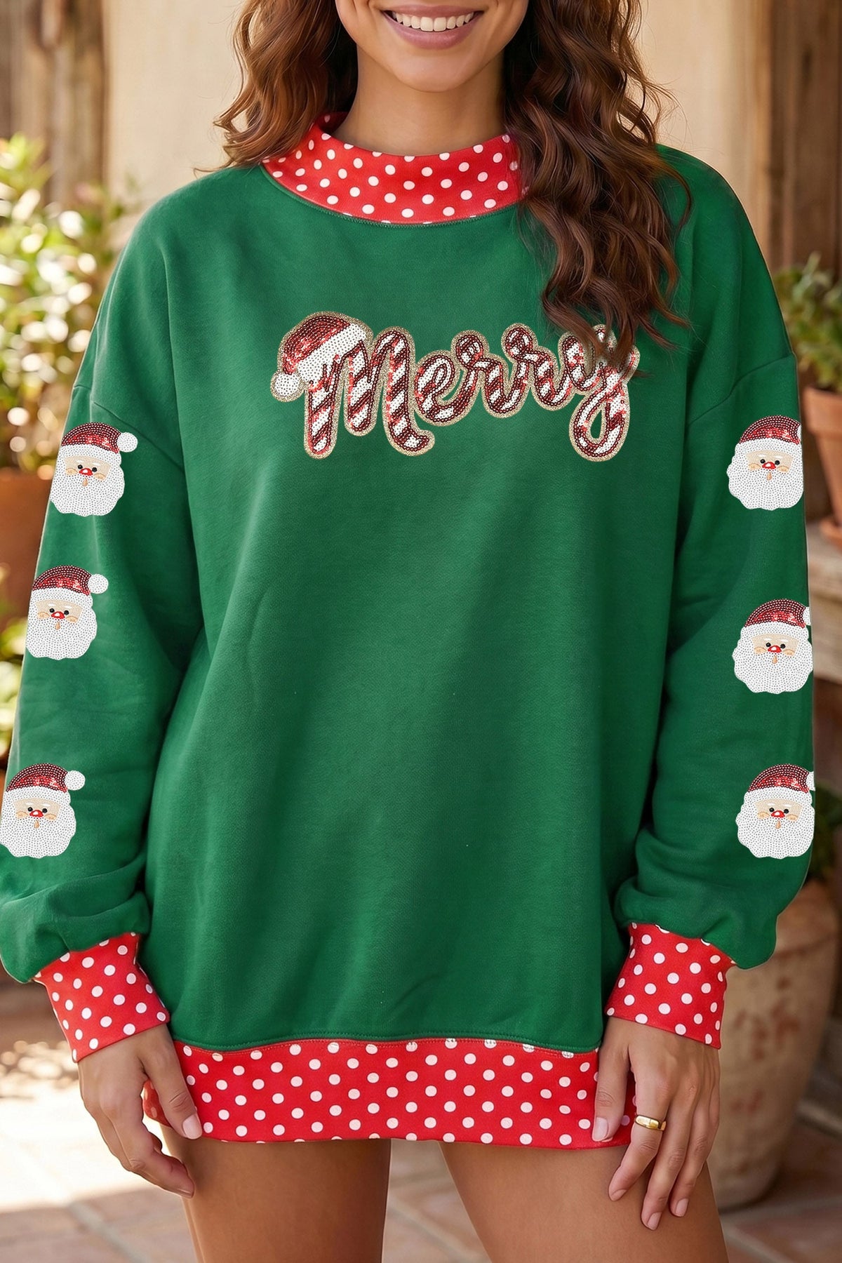 Dark Green Sequin Santa Merry Graphic Polka Dot Trim Mock Neck Sweatshirt