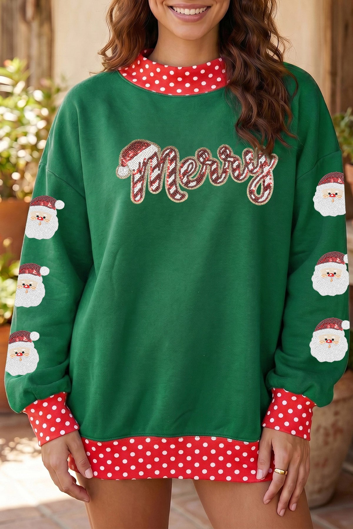 Dark Green Sequin Santa Merry Graphic Polka Dot Trim Mock Neck Sweatshirt