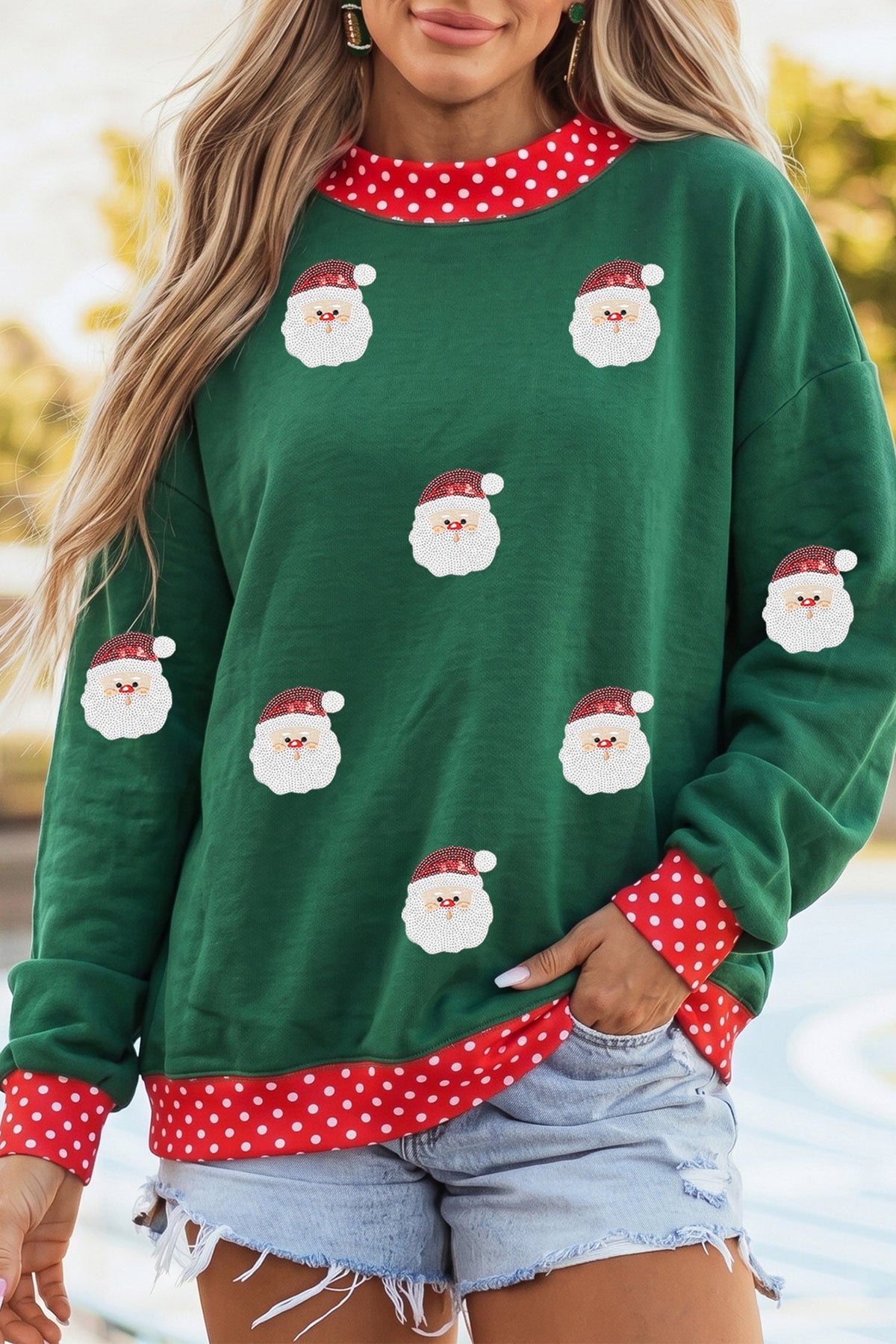 Dark Green Sequin Santa Polka Dot Christmas Graphic Sweatshirt