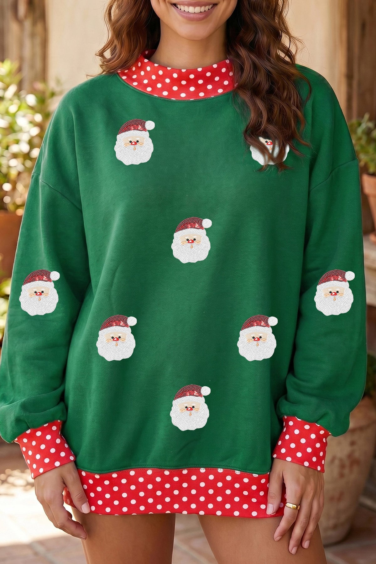 Dark Green Sequin Santa Polka Dot Christmas Graphic Sweatshirt
