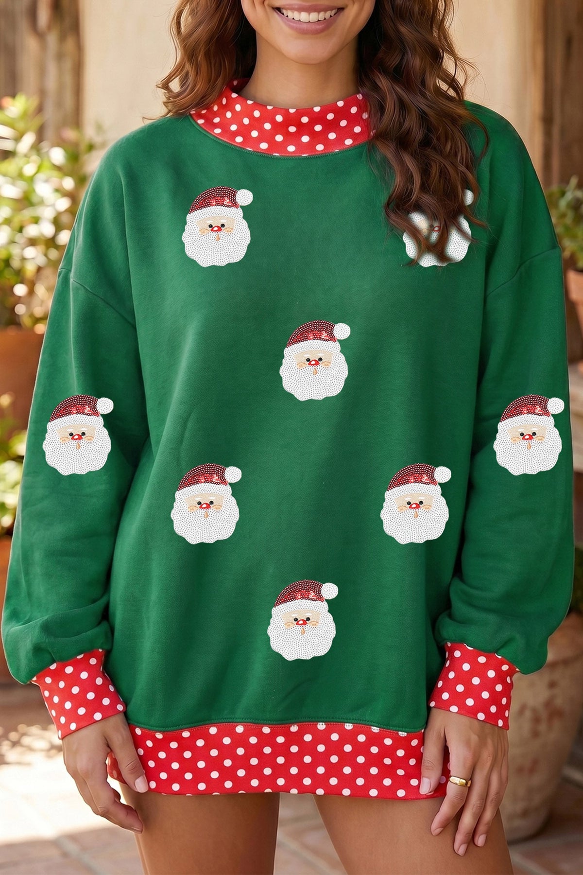 Dark Green Sequin Santa Polka Dot Christmas Graphic Sweatshirt