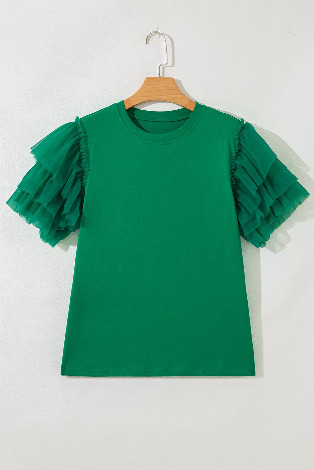 Dark Green Tulle Ruffle Sleeve Blouse