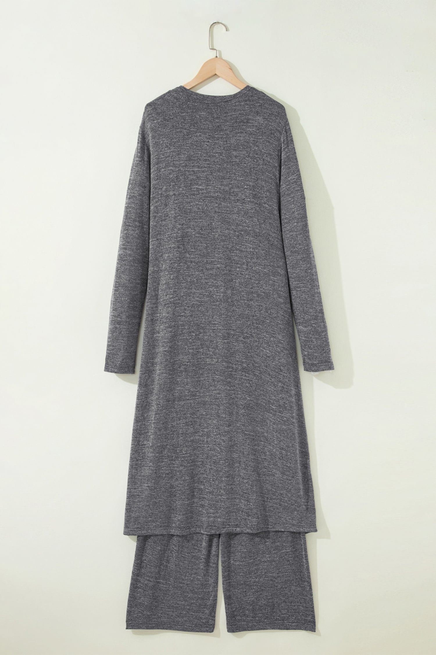 Dark Grey 3pcs V Neck T Shirt Ribbon Knot Pants Open Duster 3pcs Lounge Set