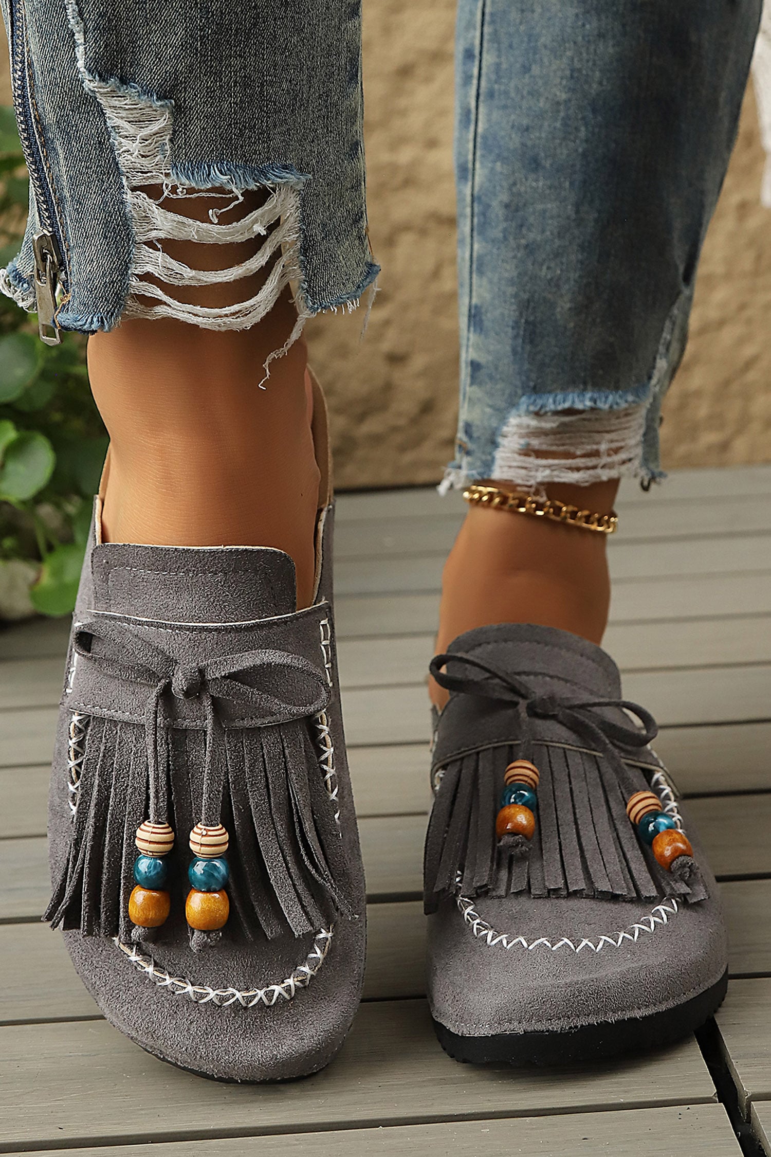 Dark Grey Boho Bow Fringed Faux Suede Slip-on Loafers Square Toe Casual Slippers