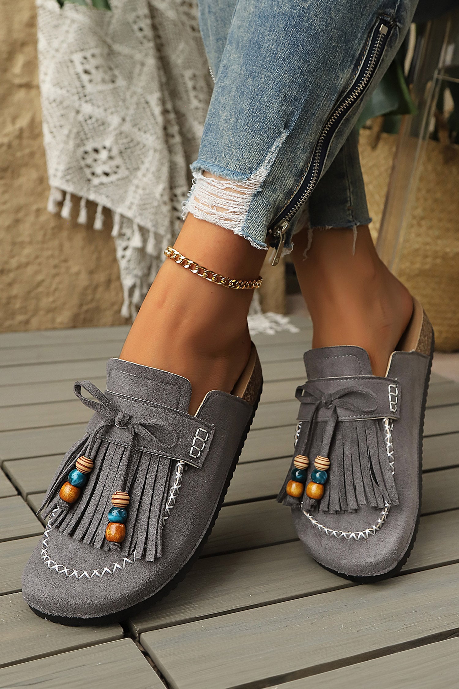 Dark Grey Boho Bow Fringed Faux Suede Slip-on Loafers Square Toe Casual Slippers