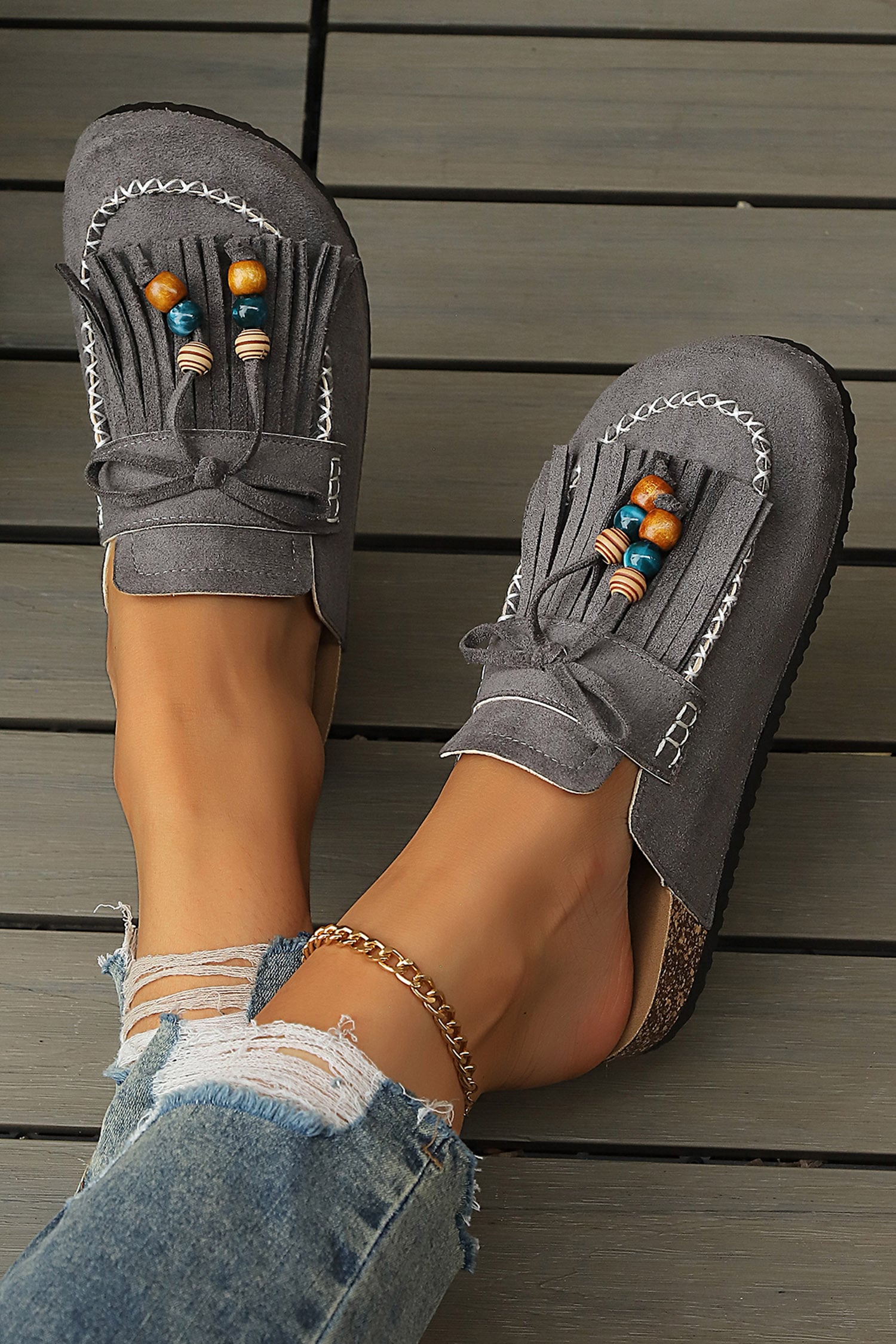 Dark Grey Boho Bow Fringed Faux Suede Slip-on Loafers Square Toe Casual Slippers