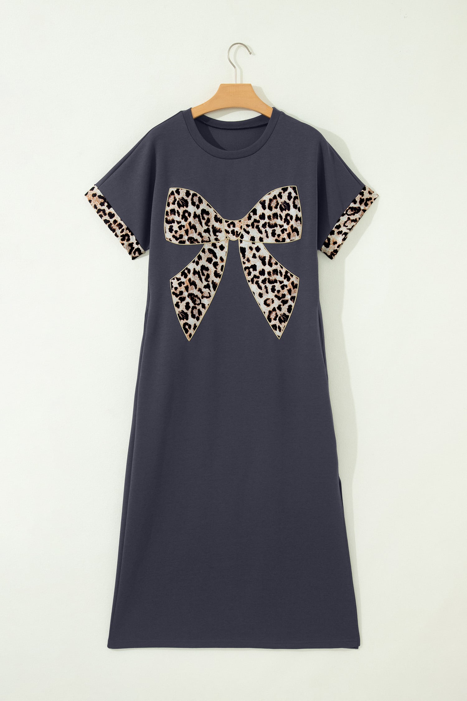 Dark Grey Contrast Leopard Bow Patched Short Sleeve T Shirt Long Dress