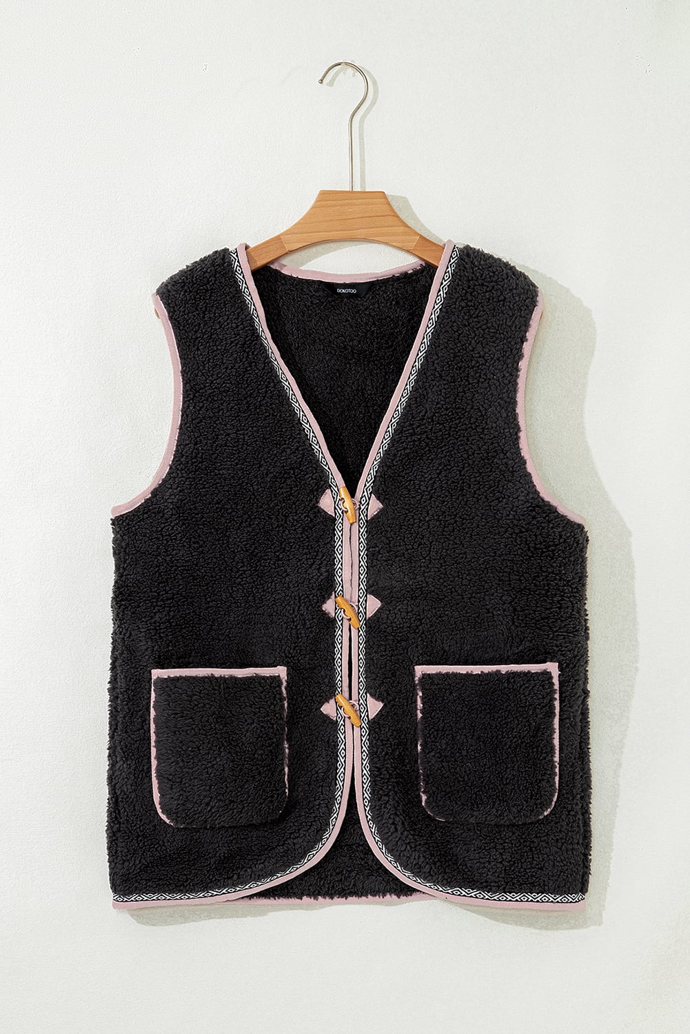Dark Grey Sherpa Contrast Trim Patch Pocket Cartridge Toggle Button Vest