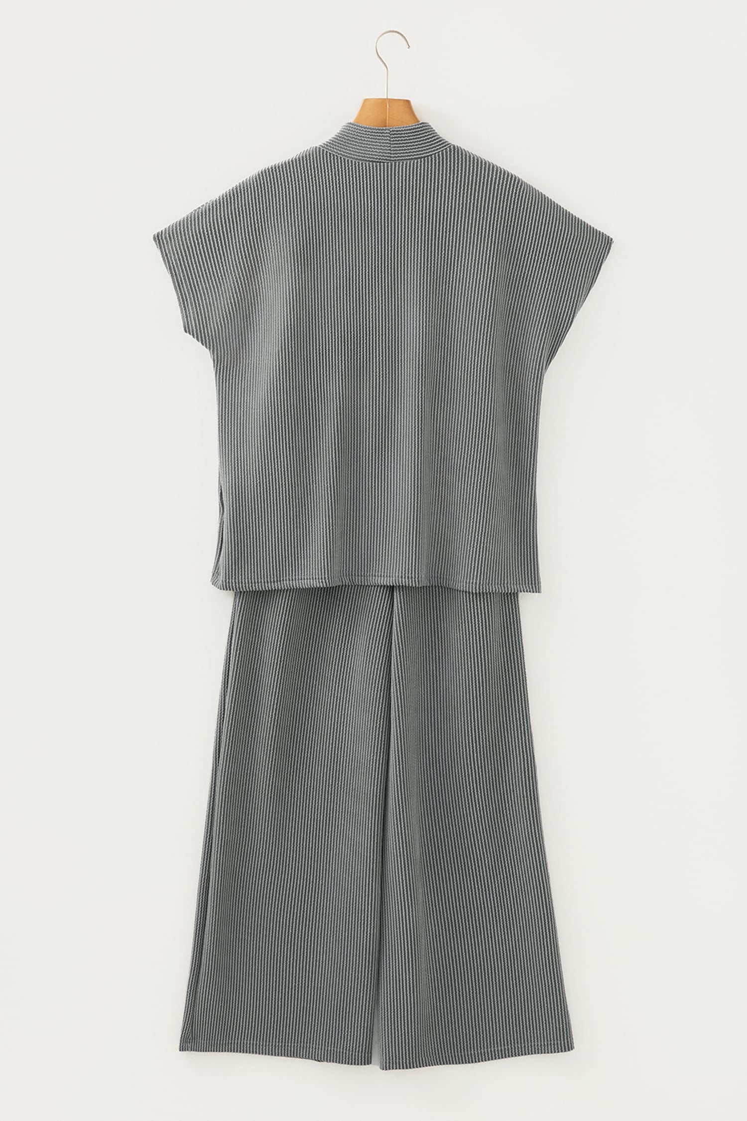 Dark Grey Twisted Ribbed High Neck Loose Tee Elastic High Waist Loose Pant Set