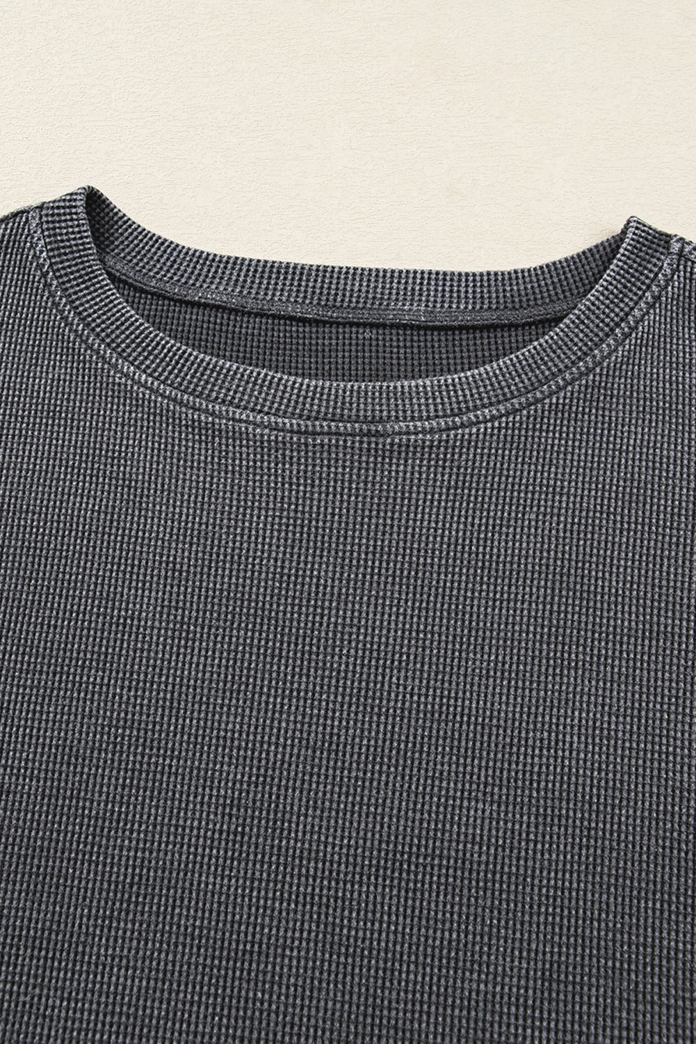 Dark Grey Waffle Knit Patchwork Long Sleeve Loose Top