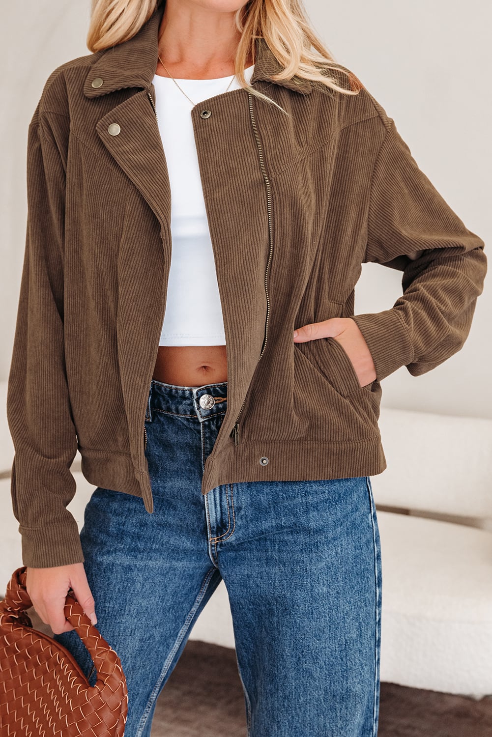 Dark Khaki Button Zip Up Lapel Collar Corduroy Jacket
