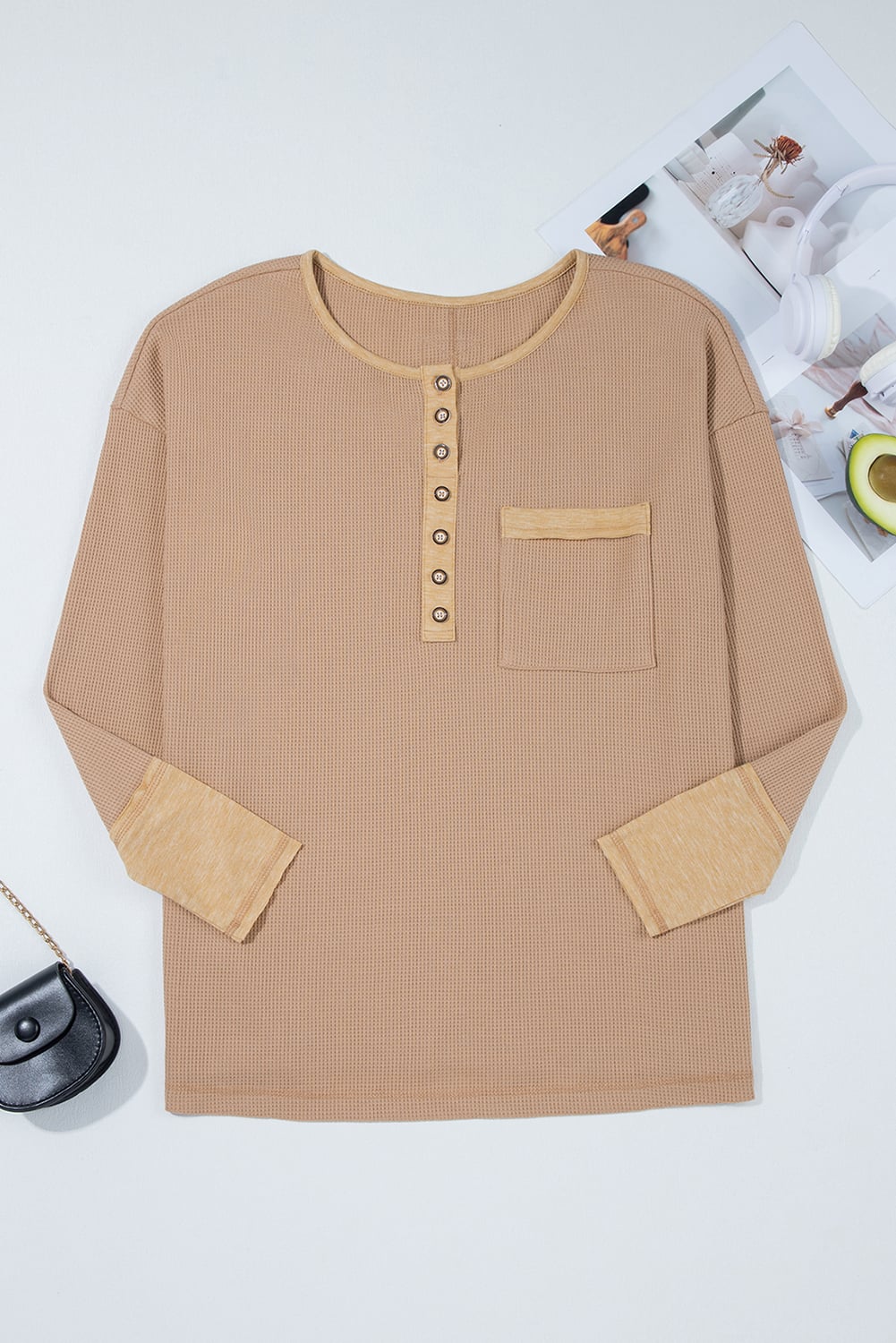 Dark Khaki Color Block Waffle Textured Tunic Henley Top with Slits