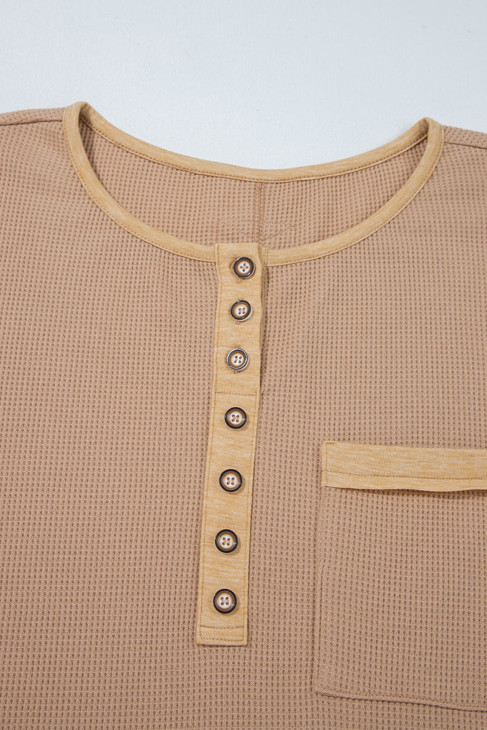 Dark Khaki Color Block Waffle Textured Tunic Henley Top with Slits